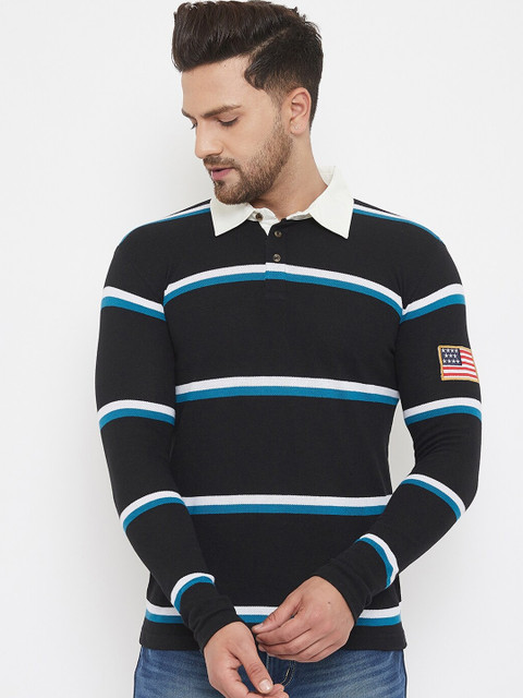 

Austin wood Men Black Striped Polo Collar T-shirt