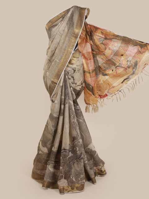 

Pothys Taupe & Gold-Toned Linen Blend Printed Saree