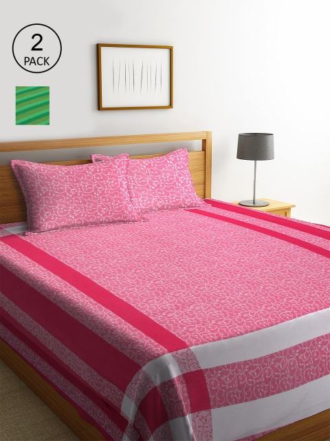 

KLOTTHE Set Of 2 Striped Double King Bed Covers with 4 Pillow Covers, Pink