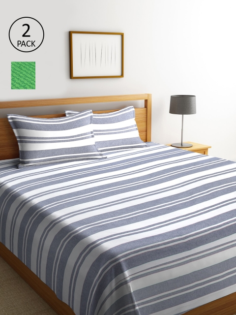 

KLOTTHE Set Of 2 Striped Double King Bed Covers with 4 Pillow Covers, Green