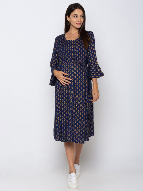 

MomToBe Women Navy Blue & Gold-Toned Printed Fit and Flare Maternity & Feeding Dress