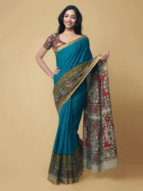 

Unnati Silks Teal Blue Striped Kalamkari Pure Cotton Saree