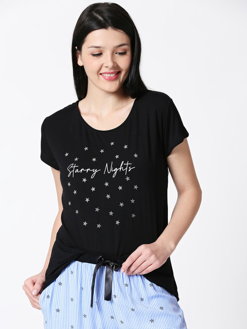 

Zeyo Women Black & Blue Printed Night suit