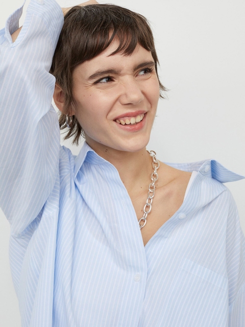 H&M Women Blue Striped Oversized Cotton Shirt