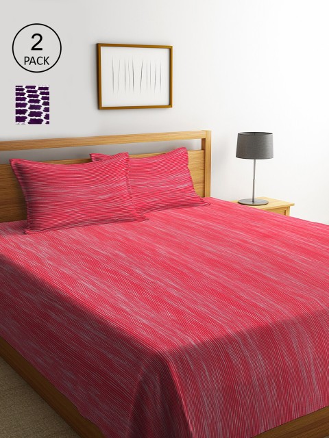 

KLOTTHE Set Of 2 Striped Double King Bed Covers with 4 Pillow Covers, Red