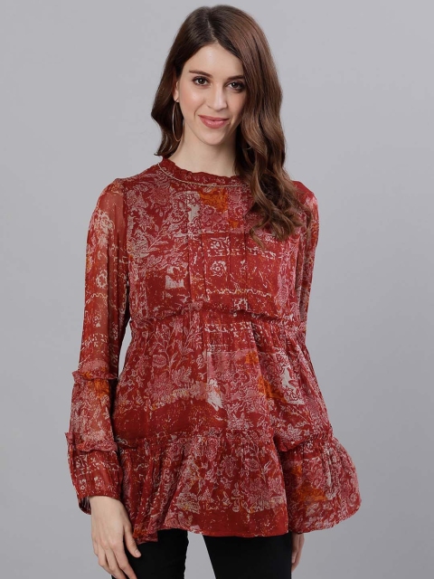 

Ishin Maroon Printed Puff Sleeves Georgette Regular Top