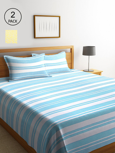 

KLOTTHE Set Of 2 Striped Double King Bed Covers with 4 Pillow Covers, Yellow