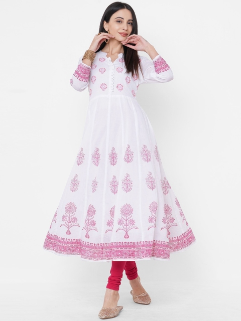 

FASHOR Women White & Pink Floral Printed Band Collar Anarkali Kurta