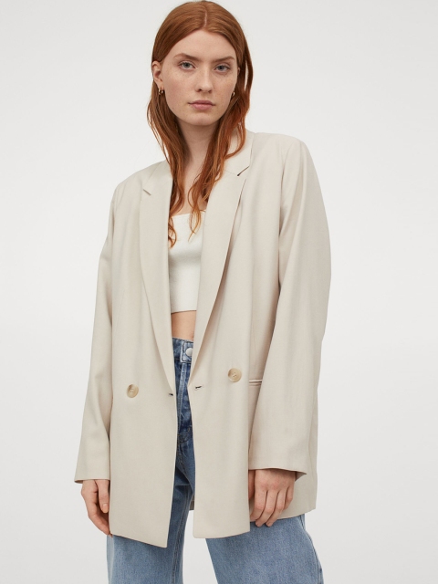 

H&M Women Beige Solid Double-breasted Blazer