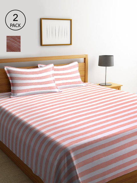 

KLOTTHE Set Of 2 Striped Double Bed Covers With 4 Pillow Covers, Brown