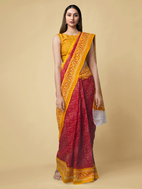 

Unnati Silks Red & Yellow Pure Cotton Bandhani Printed Kota Sustainable Saree
