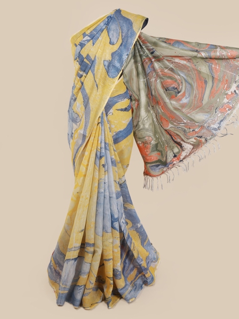 

Pothys Yellow & Blue Linen Blend Printed Saree