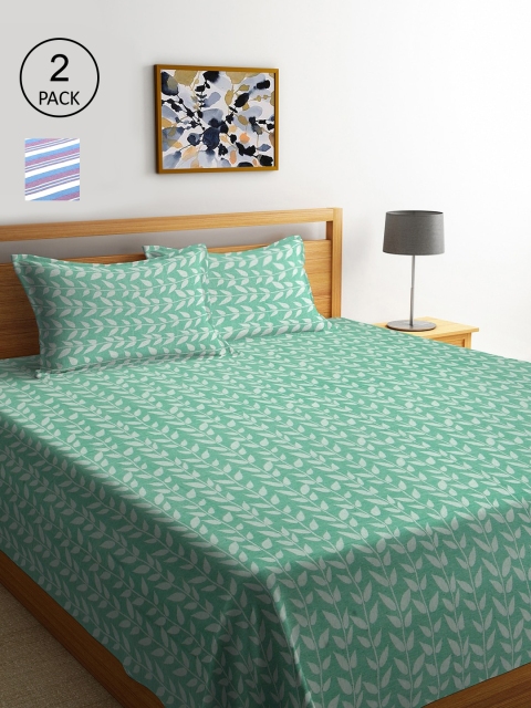 

KLOTTHE Set Of 2 Green & Blue Woven Design Double King Bed Covers with 4 Pillow Covers