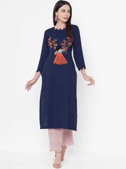 

Fashor Women Blue Floral Embroidered Straight Kurta