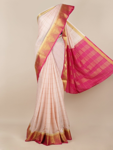 

Pothys Cream-Coloured & Pink Poly Georgette Checked Saree