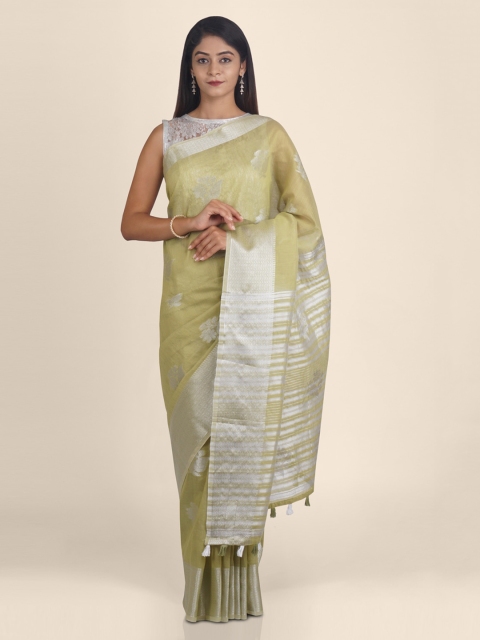 

KAJREE Green Pure Linen Woven Design Handloom Tussar Saree