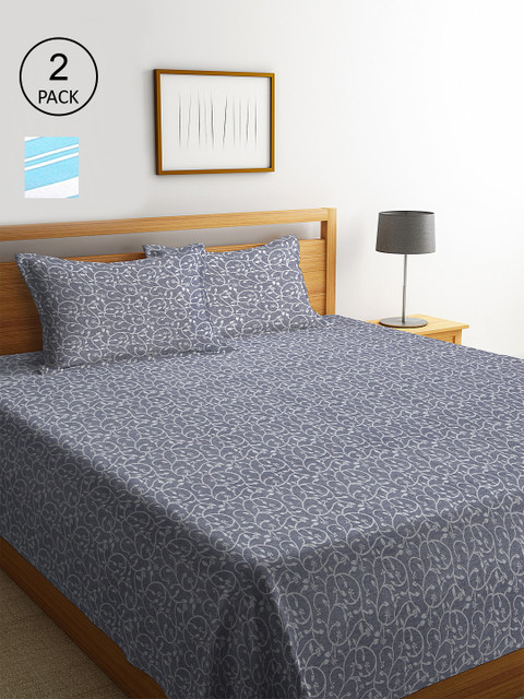 

KLOTTHE Set Of 2 Striped Double King Bed Covers with 4 Pillow Covers, Blue