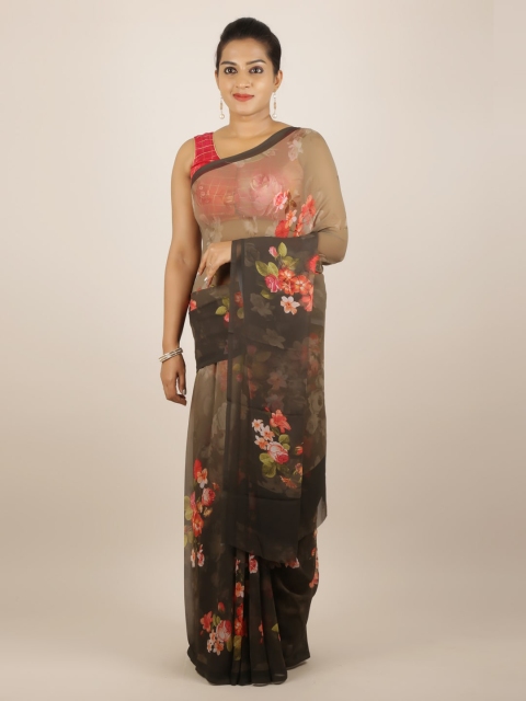 

Pothys Brown & Pink Poly Georgette Floral Printed Saree