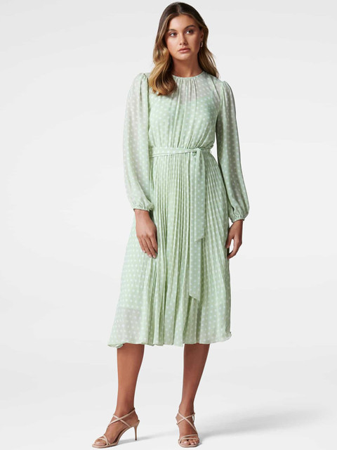 

Forever New Women Green & Off-White Polka Dot Printed A-Line Accordion Pleated Dress