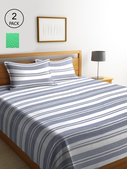 

KLOTTHE Set of 2 Striped Double Bed Covers With 4 Pillow Covers, White
