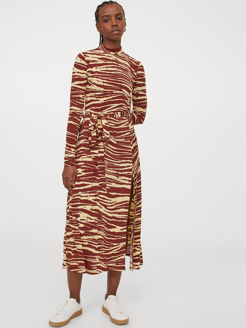 

H&M Women Brown & Yellow Printed Stand-up Collar Dress