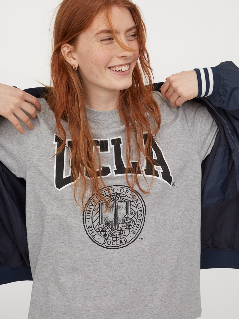 

H&M Women Grey Printed Oversized T-shirt