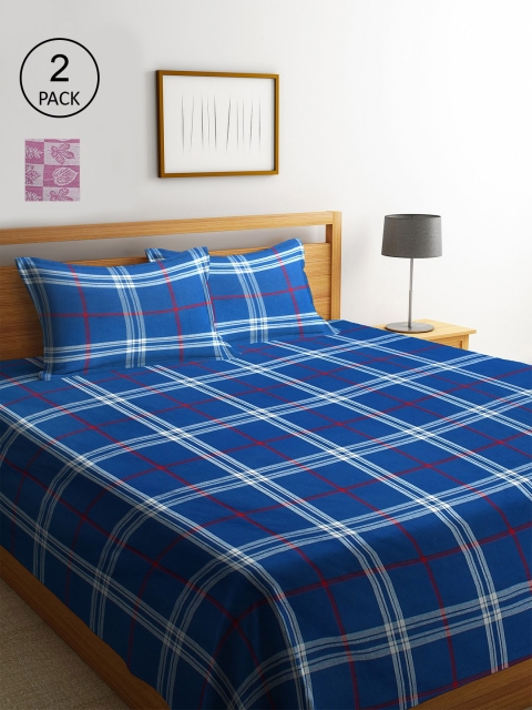 

KLOTTHE Set Of 2 Woven Design Double King Bed Covers with 4 Pillow Covers, Blue