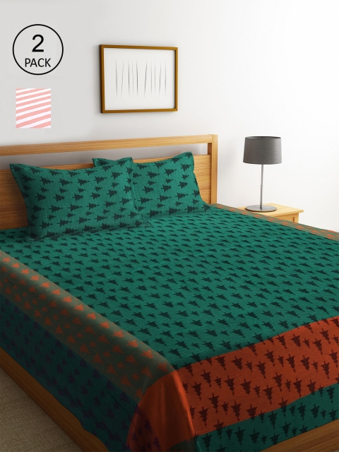 KLOTTHE Set Of 2 Striped Double King Bed Covers With 4 Pillow Covers, Green