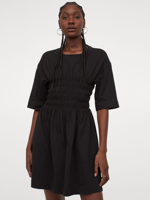 

H&M Women Black Solid Pure Cotton Smocked T-shirt Dress