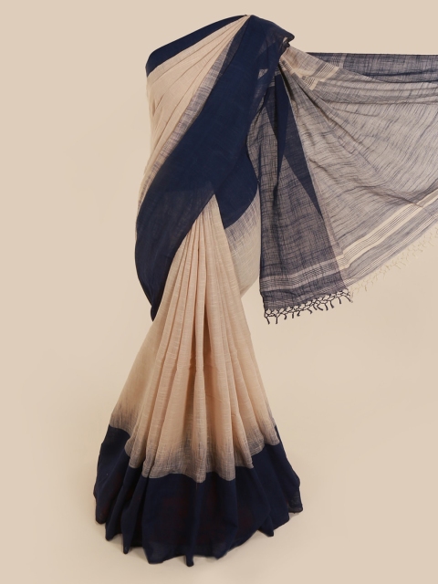 

Pothys Cream-Coloured & Navy Blue Cotton Blend Dyed Saree