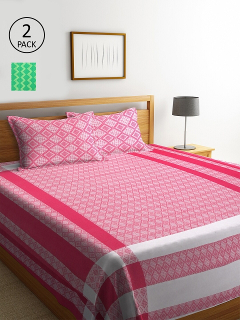 

KLOTTHE Set of 2 Geometric Double Bed Covers With 4 Pillow Covers, Pink