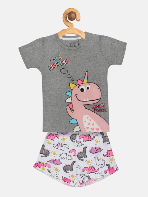 

Lazy Shark Girls Grey & White Printed T-shirt with Shorts