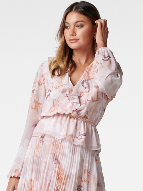 

Forever New Women Pink Floral Printed Bishop Sleeves Peplum Top