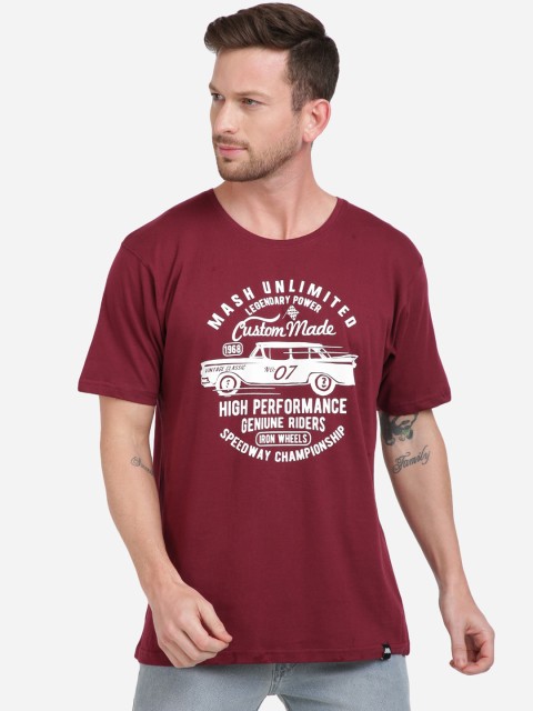 

MASH UNLIMITED Men Maroon & Off-White Printed Round Neck Slim Fit T-shirt