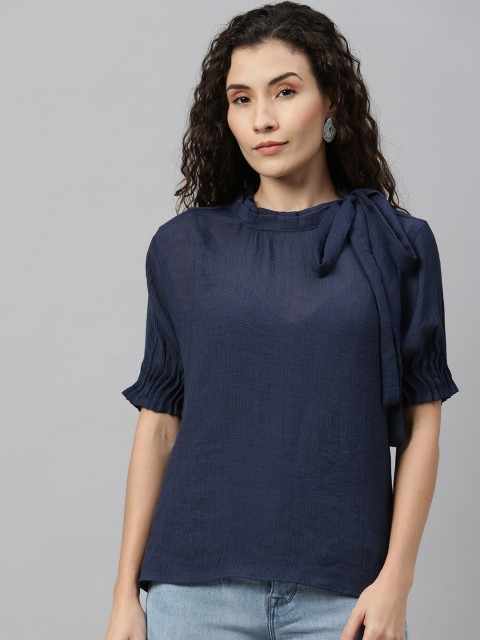 

Rareism Navy Blue Tie-up Neck Indigo Regular Top