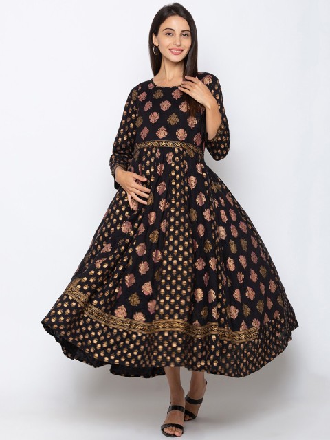 

MomToBe Women Black Printed Fit and Flare Maternity & Feeding Dress