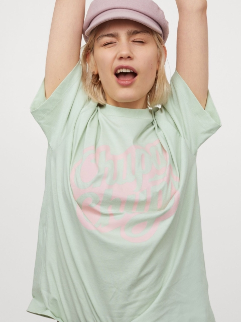 

H&M Women Mint Green Cotton Printed T-shirt
