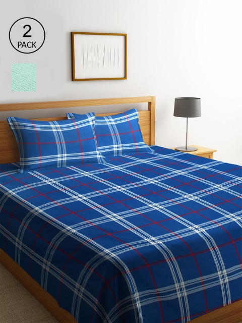 

KLOTTHE Set Of 2 Blue & Green Geometric Double King Bed Covers with 4 Pillow Covers