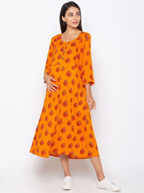 

MomToBe Women Yellow & Orange Printed A-Line Maternity Dress