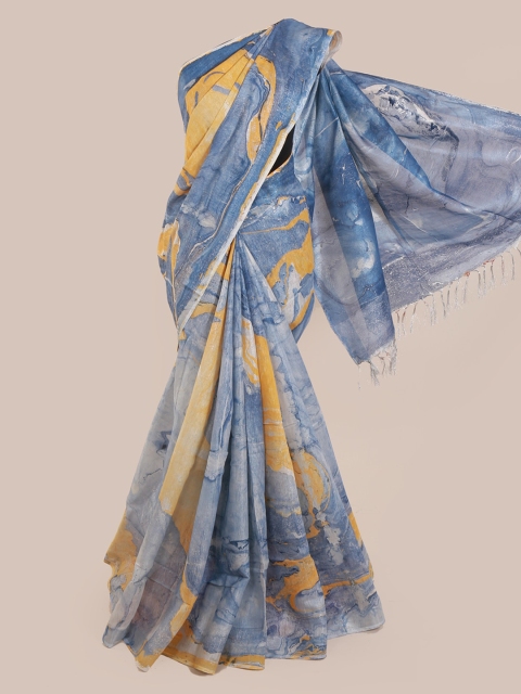 

Pothys Blue & Orange Linen Blend Printed Saree