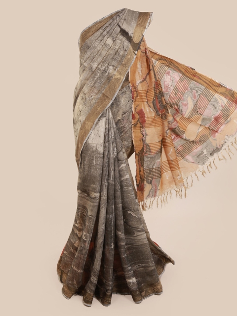 

Pothys Brown & Grey Linen Blend Printed Saree