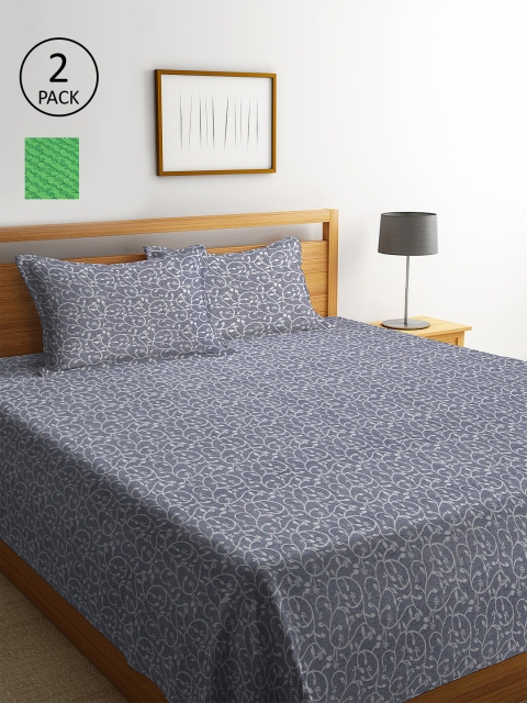KLOTTHE Set Of 2 Floral Double King Bed Covers with 4 Pillow Covers, Grey