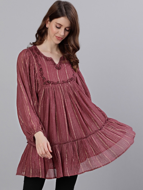 

Ishin Maroon Striped Puff Sleeves Georgette A-line Top