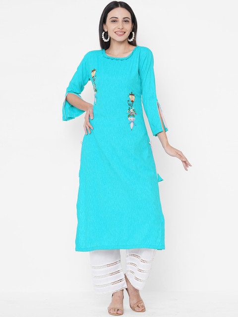 

Fashor Women Turquoise Blue Thread Work Kurta