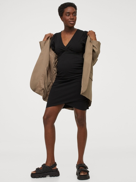 

H&M Women Sustainable Black Solid MAMA Cotton Wrap Dress