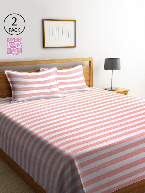 

KLOTTHE Set Of 2 Striped Double King Bed Covers With 4 Pillow Covers, Pink