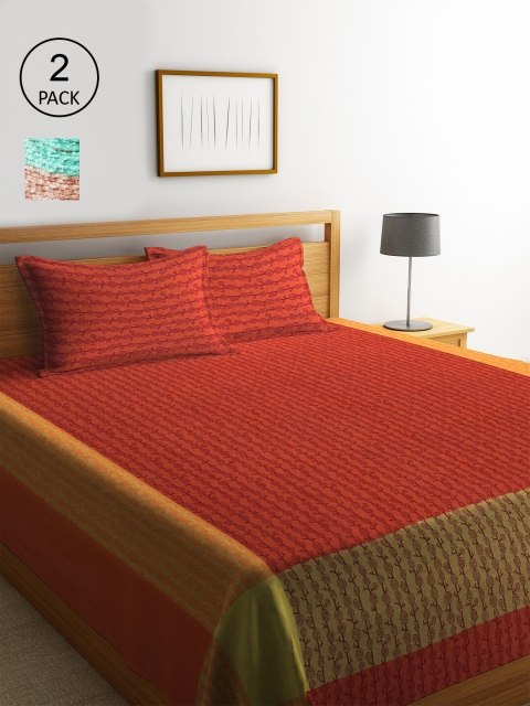 

KLOTTHE Set Of 2 Striped Double King Bed Covers with 4 Pillow Covers, Orange
