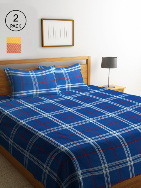 

KLOTTHE Set Of 2 Woven Design Double King Bed Covers with 4 Pillow Covers, Blue