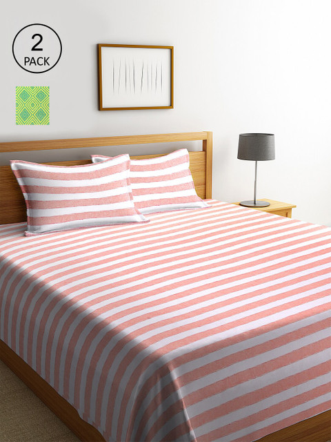 

KLOTTHE Set Of 2 Striped Double King Bed Covers With 4 Pillow Covers, Pink