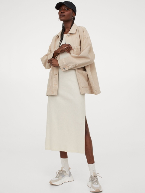 

H&M Women Off- White Ribbed Cotton Vest Dress
